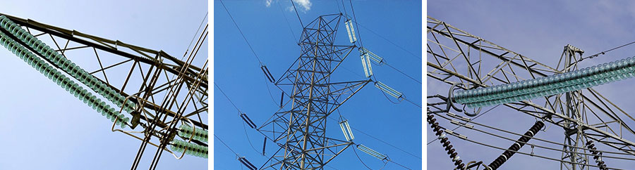High voltage transmission towers utilizing U420B glass suspension insulators